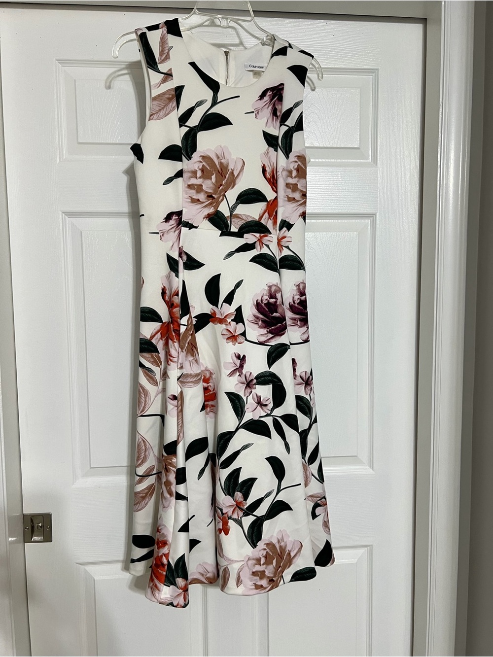 Calvin Klein White Floral Midi Dress with Pink and Mauve Blooms
